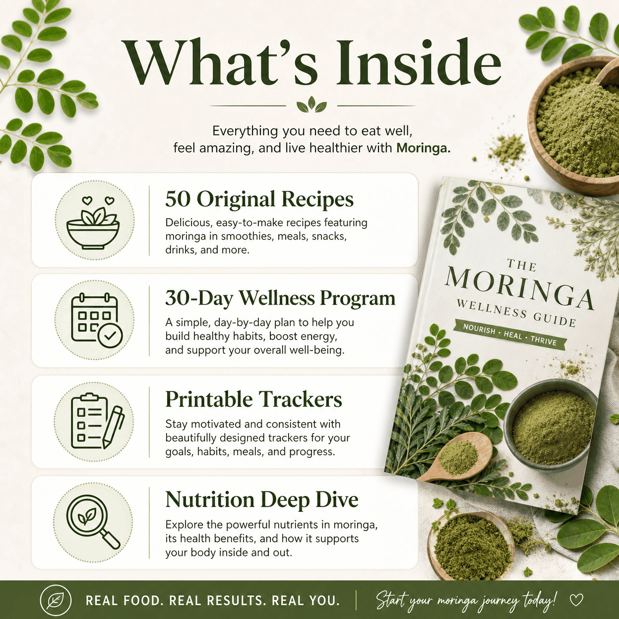 The Moringa Wellness Guide — what's inside: 50 original recipes, 30-day wellness program, printable trackers, nutrition deep dive