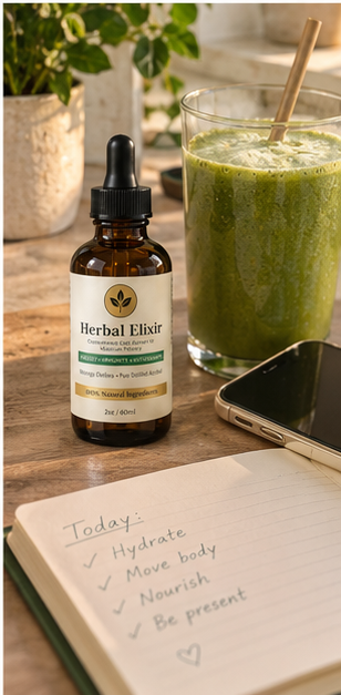 A wellness bottle on a morning table beside a green drink, phone and journal — good intentions waiting for a plan