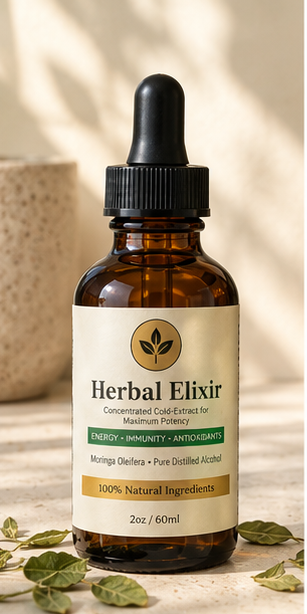 Herbal Elixir amber dropper bottle on a stone table with moringa leaves in morning light